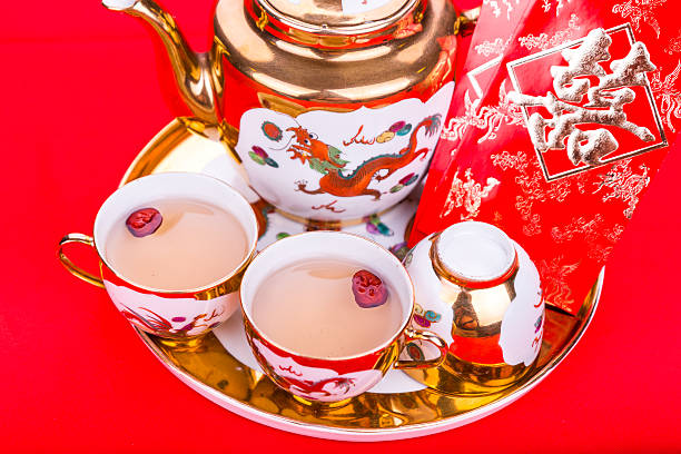 istock Chinese tea set with envelope bearing the word double happiness 522467656