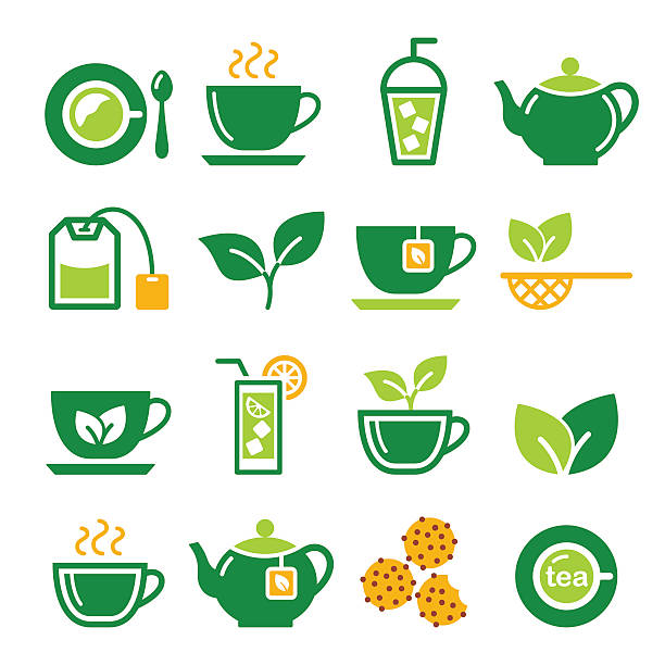 illustrations, cliparts, dessins animés et icônes de du thé vert et de thé glacé vector icônes ensemble - five oclock tea
