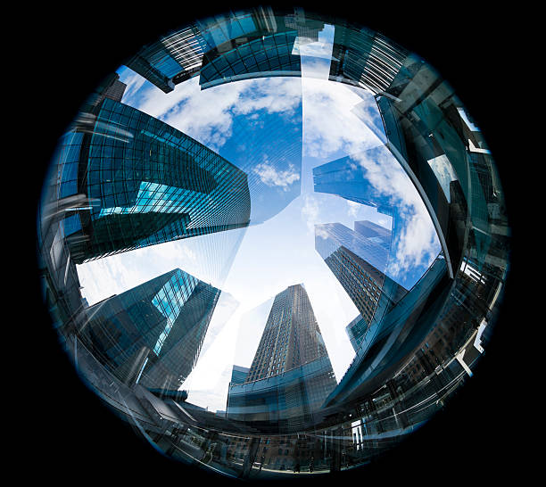 fisheye image of Tokyo office buildings.
