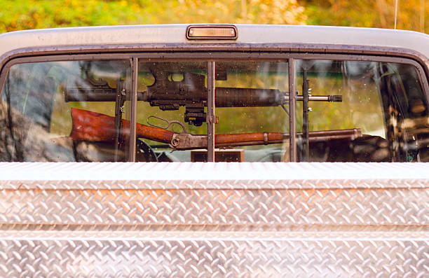 Two rifles hanging in the rear windw of an old ranch truck.  One is a modern semi-automatic AR-15, while the other is an old lever-action Winchester 94.
