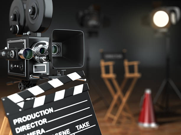 istock Video, movie, cinema concept. Retro camera, flash, clapperboard 522470291