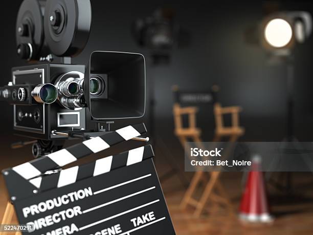Video Movie Cinema Concept Retro Camera Flash Clapperboard Stock Photo - Download Image Now