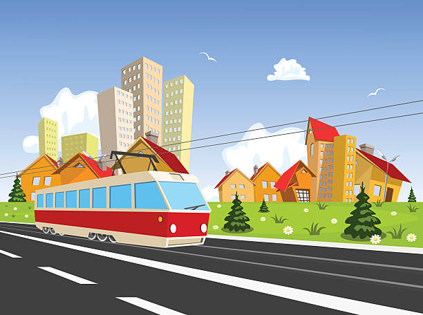 ilustrações, clipart, desenhos animados e ícones de cidade de vetor colorido com bonde - train people cable car transportation