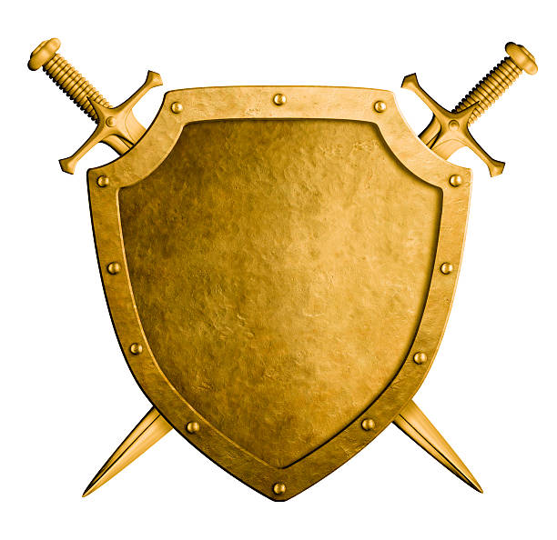 istock gold medieval coat of arms shield and two swords isolated 522471854