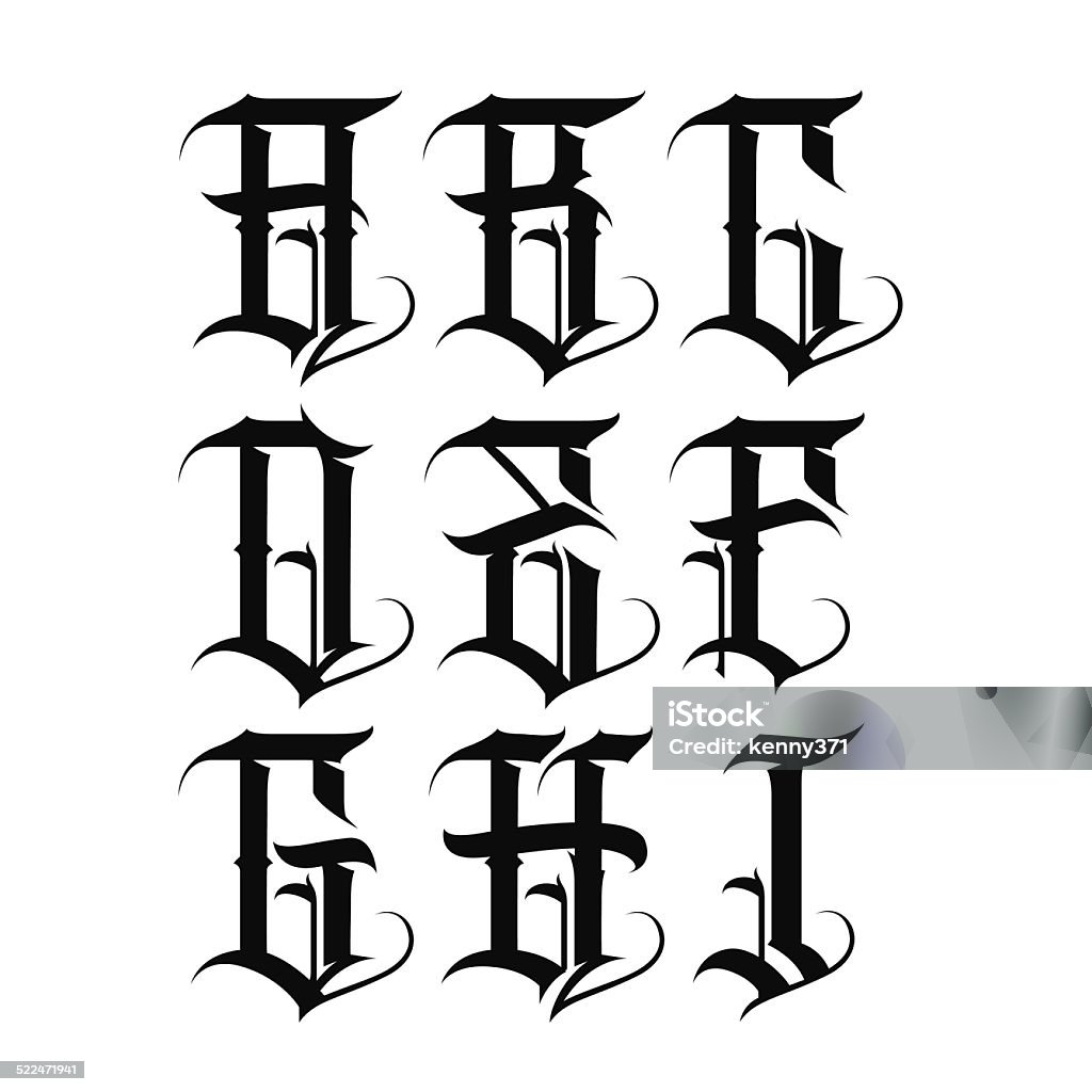 Gangster Abc Handmade vector calligraphy tattoo alphabet Alphabet stock vector