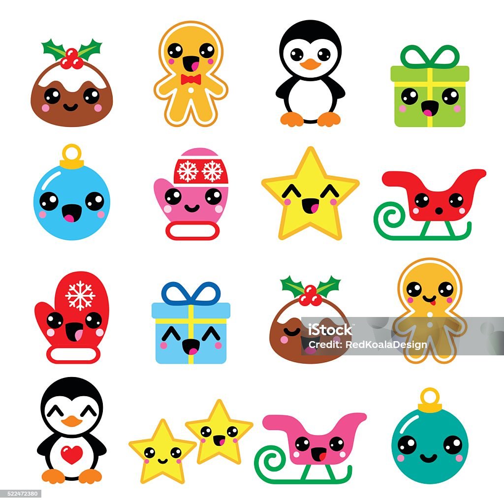 Christmas Kawaii icons - Christmas pudding, penguin, gingerbread man Vector icons set - Xmas cute Kawaii characters isolated on white  Kawaii stock vector