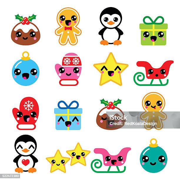 Christmas Kawaii Icons Christmas Pudding Penguin Gingerbread Man Stock Illustration - Download Image Now