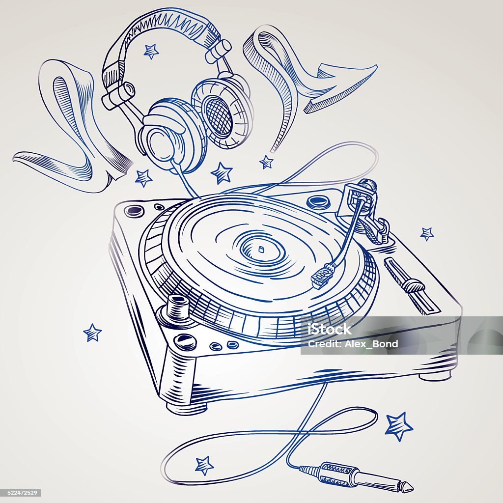 Hand-drawn turntable & headphones Music design, vector artwork 1980-1989 stock vector