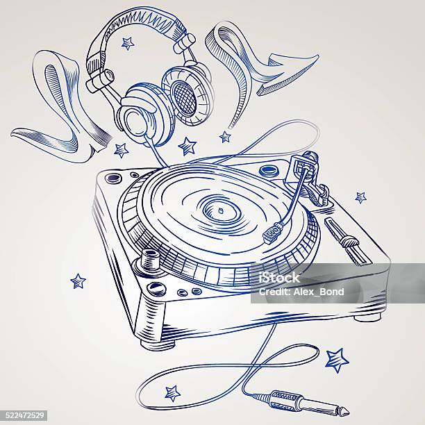 Handdrawn Turntable Headphones Stock Illustration - Download Image Now - 1980-1989, Abstract, Arrow Symbol