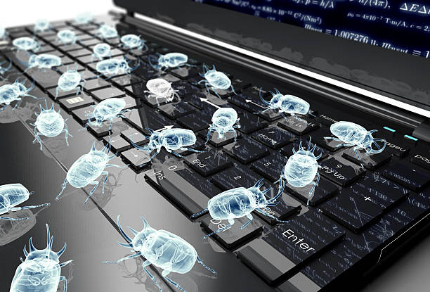 concepto de seguridad electrónico digital de error en computadora teclado - computer bug computer chip technology insect fotografías e imágenes de stock