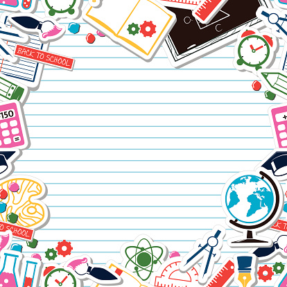 Lined Paper Background - School theme. Colorful cartoon objects
