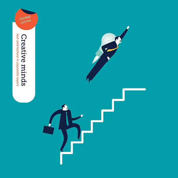 Vector illustration of Businessman with a rocket and businessman going up the stairs
