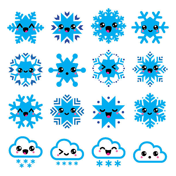ilustrações de stock, clip art, desenhos animados e ícones de kawaii flocos de neve, nuvens com neve de natal, conjunto de ícones de inverno - food smiling human eye facial expression