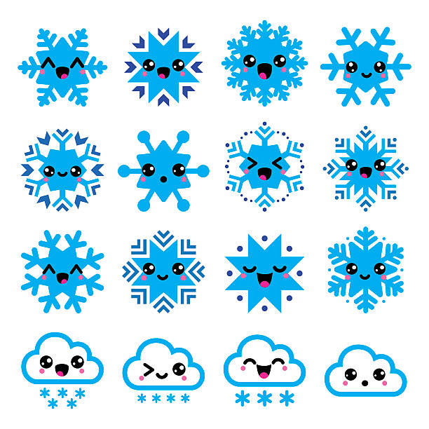 Kawaii snowflakes, clouds with snow - Christmas, winter icons set Vector icons set of cute Kawaii characters - snowflakes isolated on white frost face stock illustrations
