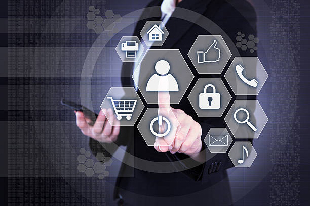 istock Businesswoman Pressing Buttons On Virtual Background 522473767