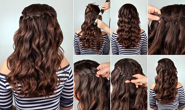 hairdo Ñascade braid on curly hair tutorial. Hairstyle for long hair. Sea style