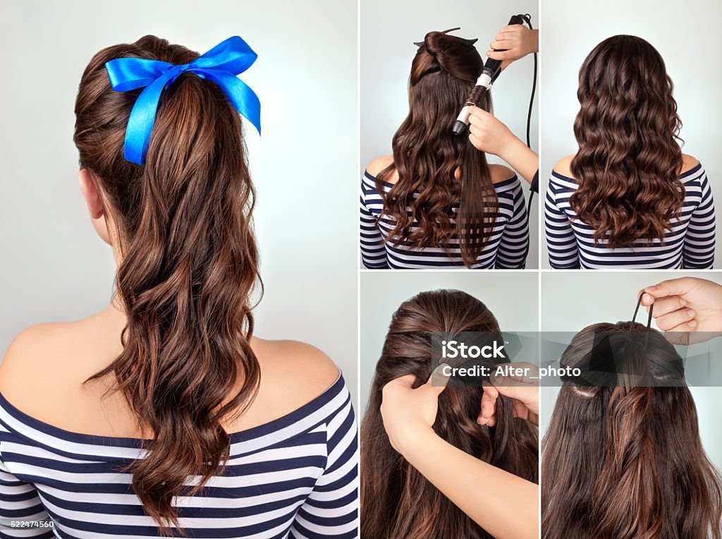 Hairstyle Pony Tail On Curly Hair Tutorial Stock Photo - Download Image Now  - Hair Bow, Tutorial, Women - iStock