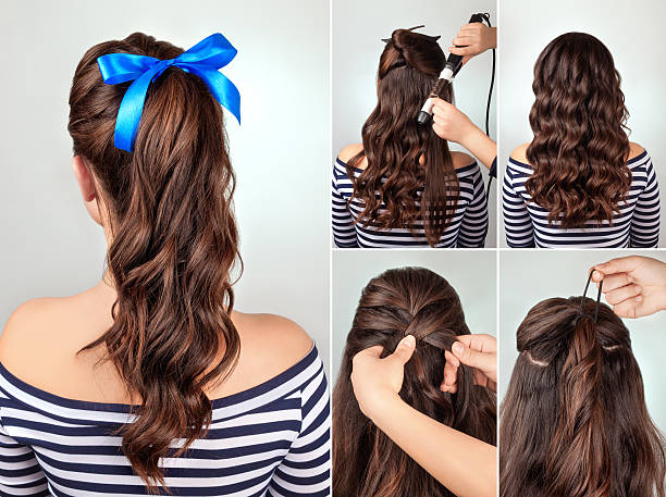 Hairstyle Pony Tail On Curly Hair Tutorial Stock Photo - Download Image Now  - Hair Bow, Tutorial, Women - iStock