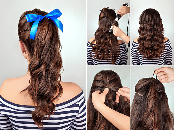 hairstyle pony tail on curly hair tutorial simple hairstyle pony tail on curly hair tutorial. Hairstyle for long hair. Sea style ringlet stock pictures, royalty-free photos & images