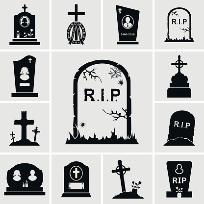 Cemetery crosses, tombstones and gravestones vector black icons set