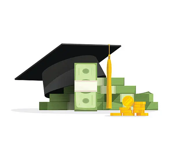 Vector illustration of Graduation cap on pile of money, education costs concept