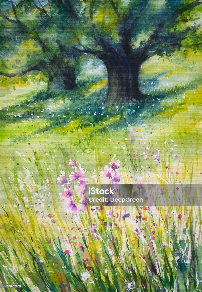 Meadow Summer meadow with flowers in foreground and trees in background.Picture created with watercolors. Backgrounds stock illustration