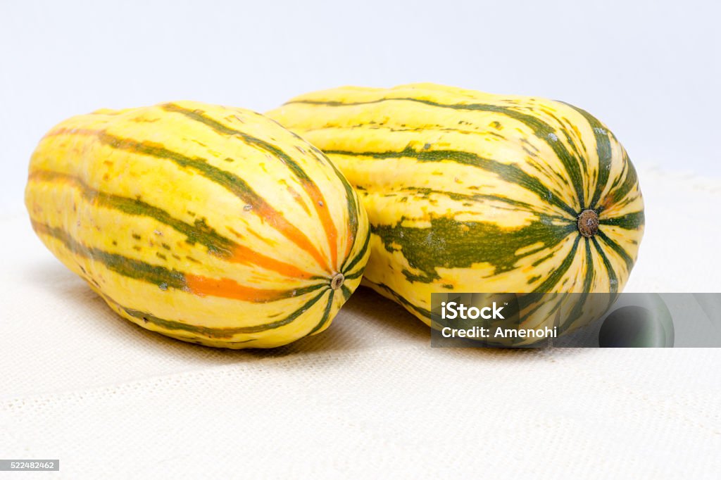 Two delicata squashes on white tablecloth Squash - Vegetable Stock Photo