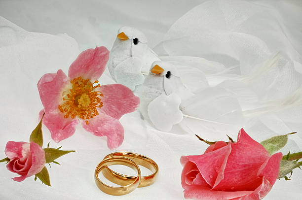 two golden wedding rings decorated with bright roses and white doves.