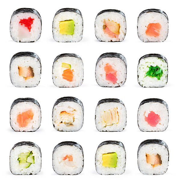 Sushi collage Sushi maki isolated on white background for menu maki sushi stock pictures, royalty-free photos & images