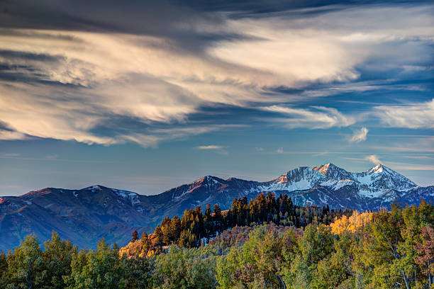 Daybreak over Heber Valley and the Wasatch Mountains This is the sunrising over the Wasatch range and the Heber Valley. Taken from the top of Guardsman's Pass over Park City Utah. midway utah photos stock pictures, royalty-free photos & images