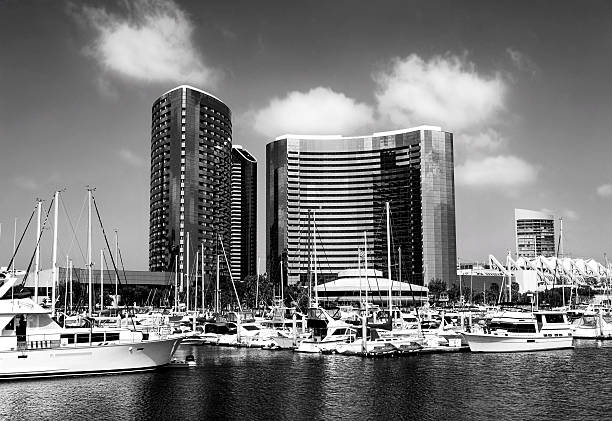 San Diego Marina Harbor and Skyline. Luxury Yachts Docked in Marina, Modern Building in Background. Vertical Banner