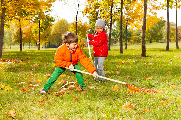 istock Boy and girl with two rakes working cleaning grass 522508335
