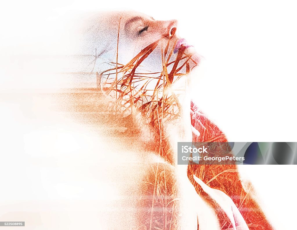 Montage of a Spiritual Woman and Prairie Grass Mezzotint Montage of a Spiritual Woman and Prairie Grass Inhaling stock vector