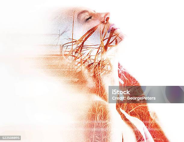 Montage Of A Spiritual Woman And Prairie Grass Stock Illustration - Download Image Now - Inhaling, One Woman Only, Illustration