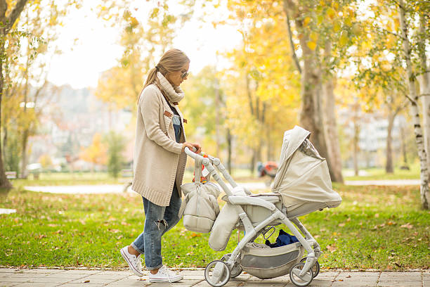 istock Young mother with a baby stroller 522510717