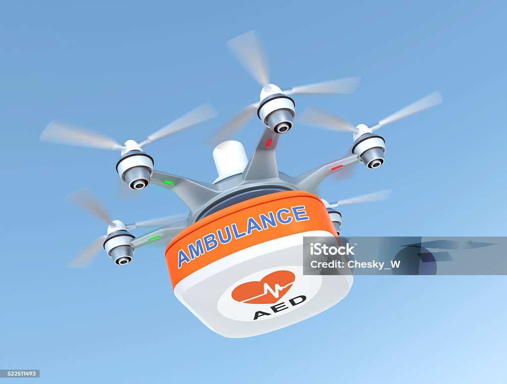 Drone carrying AED kit for emergency medical care concept. Drone carrying AED kit for emergency medical care concept. Original design and 3D rendering iamge with clipping path. Drone Stock Photo