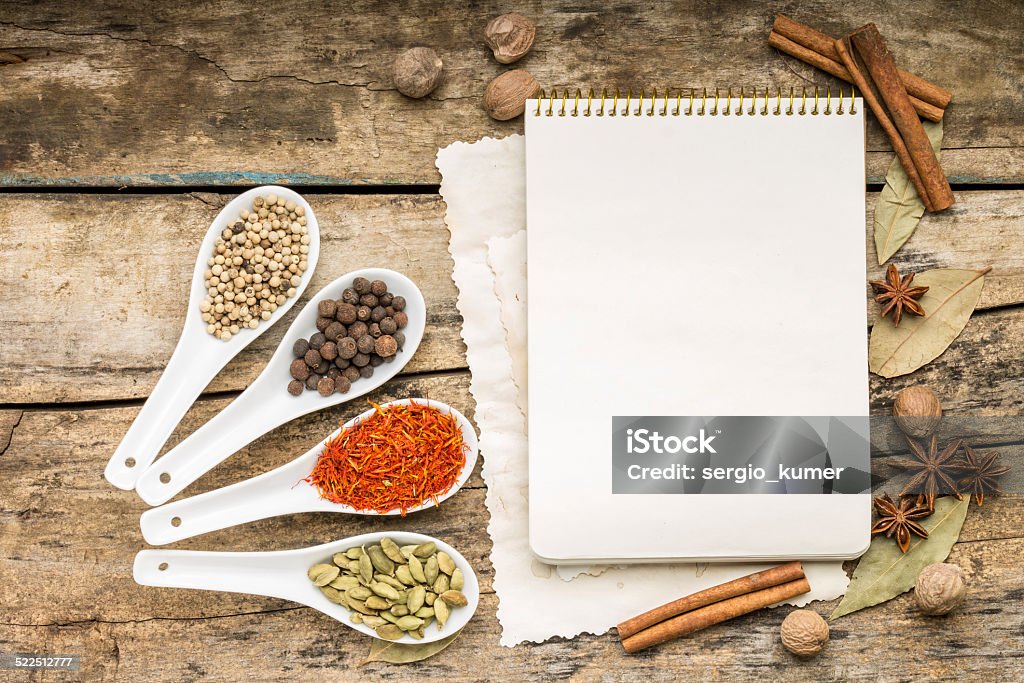 Menu background. Recipe notepad with diversity of spices and herb. Backgrounds Stock Photo