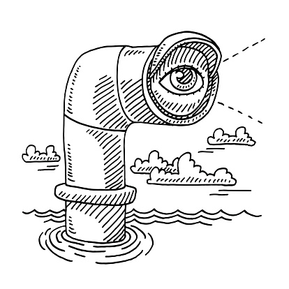 Hand-drawn vector drawing of a Periscope and an Eye on the lens, Exploration Concept Image. Black-and-White sketch on a transparent background (.eps-file). Included files are EPS (v10) and Hi-Res JPG.