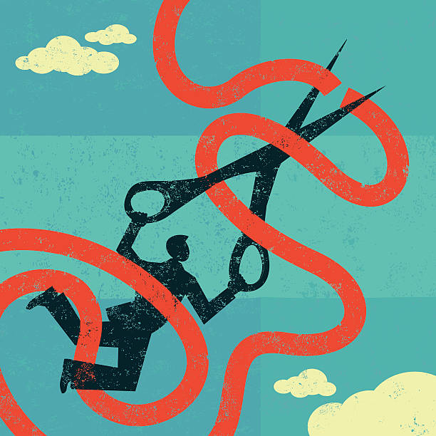 Cutting red tape A man caught in red tape is cutting through it with large scissors. The man & tape and the background are on separate labeled layers. bureaucracy stock illustrations