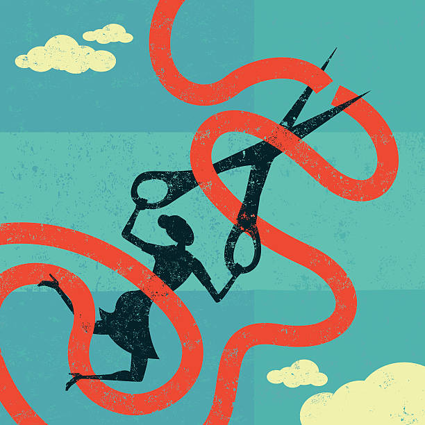 Cutting red tape A man caught in red tape is cutting through it with large scissors. The man & tape and the background are on separate labeled layers. bureaucracy stock illustrations