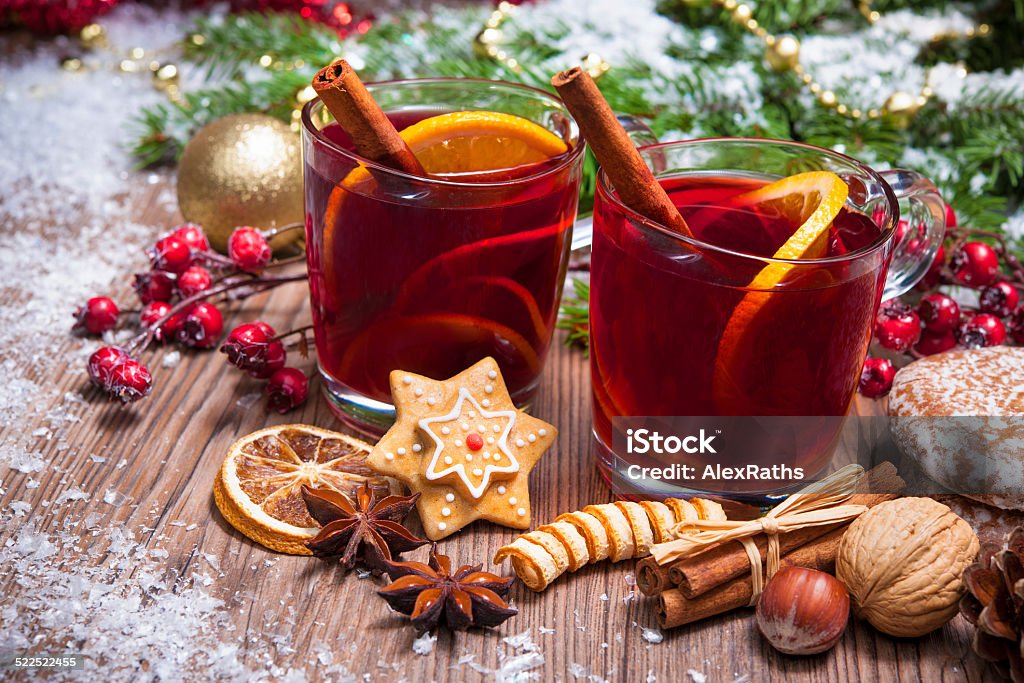 Mulled wine Two glasses of  mulled wine with christmas decoration Christmas Stock Photo