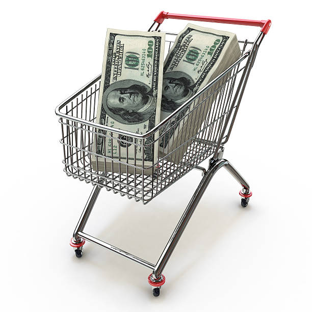 корзина, полные пакеты доллар законопроекты - three dimensional shape paper currency wealth shopping cart стоковые фото и изображения