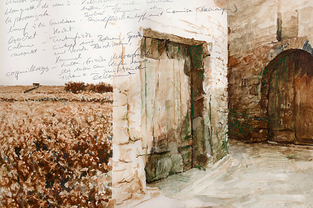 old town and landscape drawing with watercolor textures on paper