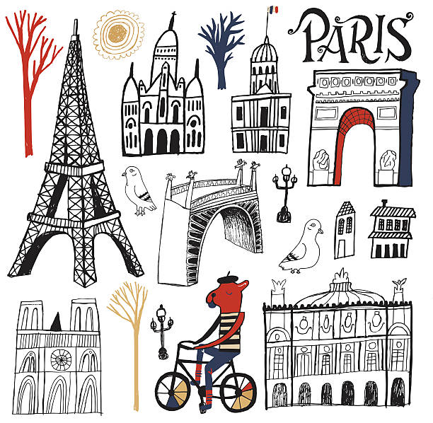 기호들, 건물 및 관광 명소 paris france 설정 - paris france arc de triomphe france french culture stock illustrations