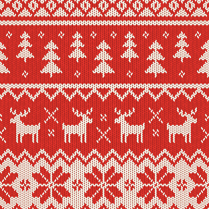 A seamless knitted Christmas pattern, perfect for your festive design project or as a background for your invitation. This realistic woollen texture incorporates reindeer, Christmas trees and snowflakes in a repeating pattern and the scalable eps10 file can be used at any size without loss of quality.