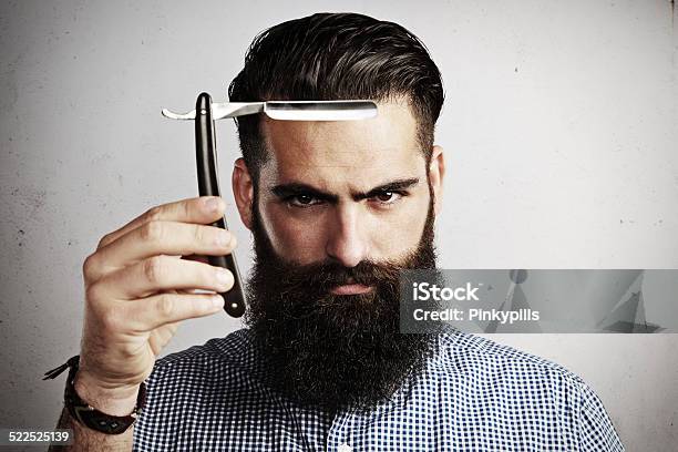 Portrait Of Brutal Man With Straight Razor Stock Photo - Download Image Now - Beautiful People, Body Care, Facial Expression