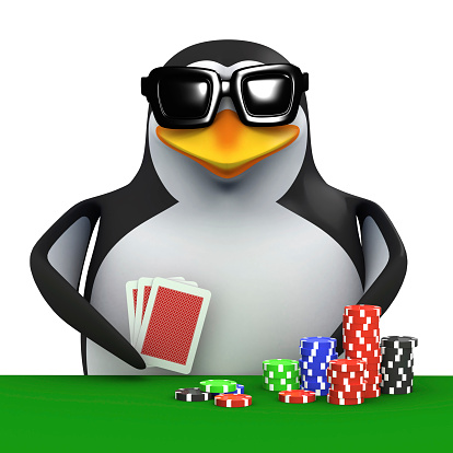 3d render of a penguin playing cards and gambling with chips