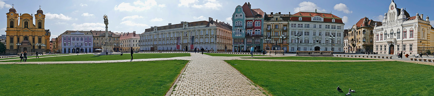 Timisoara, Romania - April 15, 2016: Panoramic view with historical buildings in Union Square, Timisoara, Romania.