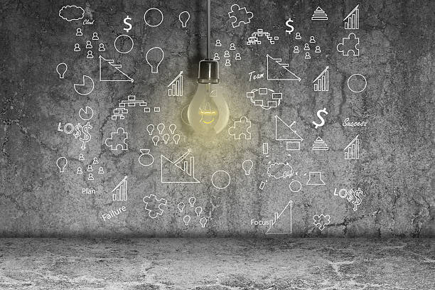 istock Lightbulb and icons on dirty wall 522528132