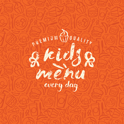 Kids menu label and fast food seamless pattern in brush drawing style. White print on color pattern background